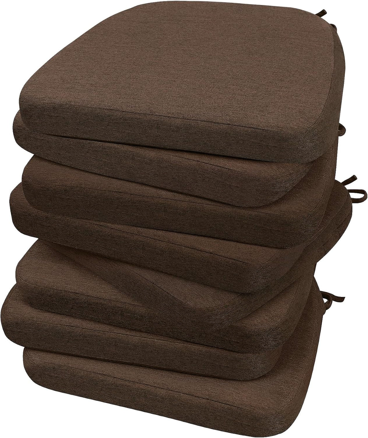 Tall skewed stack of five dark brown D-shaped chair cushions with rounded fronts visible.