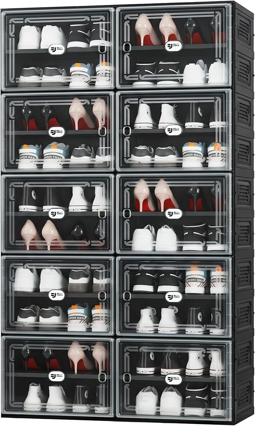 Black 2-row 10-tier shoe cabinet with clear front doors, front-facing close-up showing multiple pairs of shoes