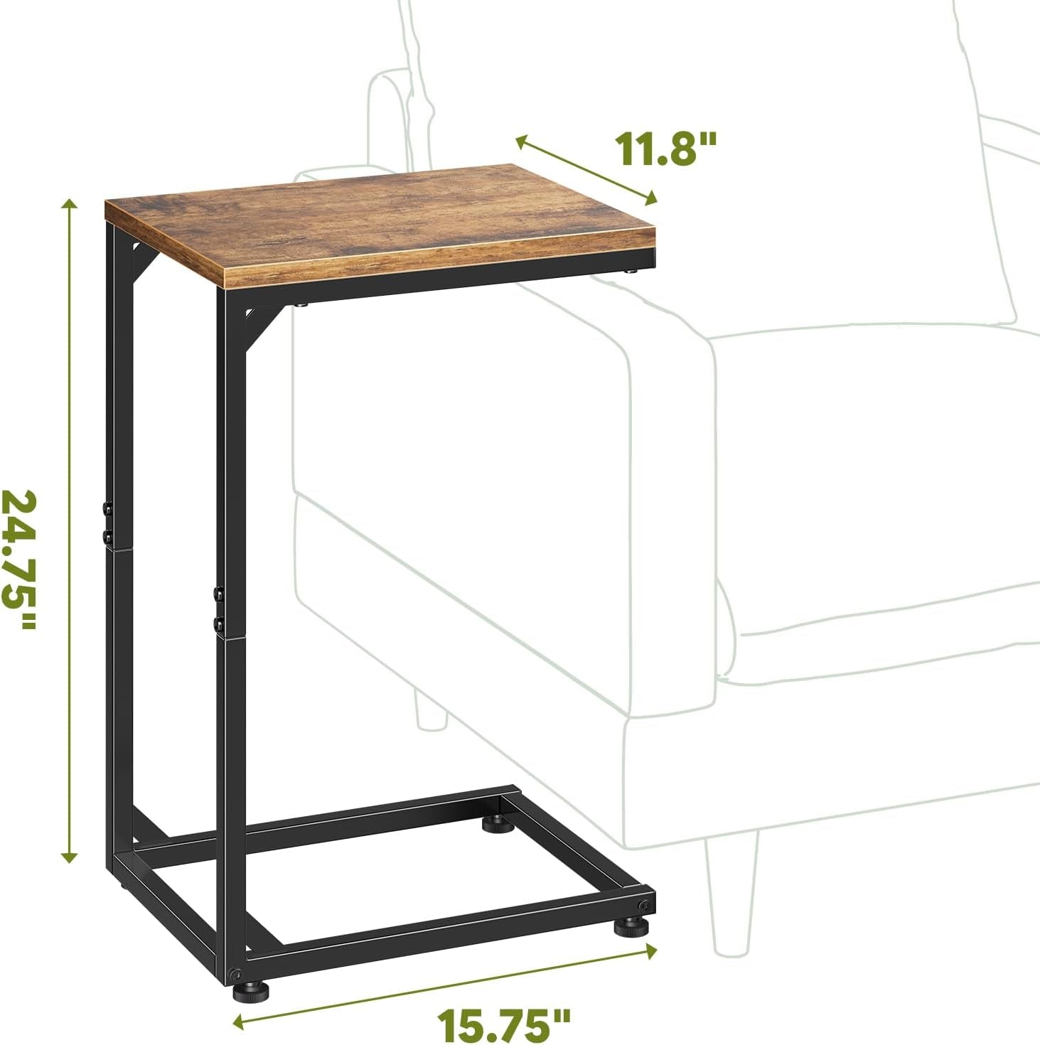 Diagram showing table dimensions with 11.8" depth, 15.75" width, and 24.75" height overlaid on sofa outline