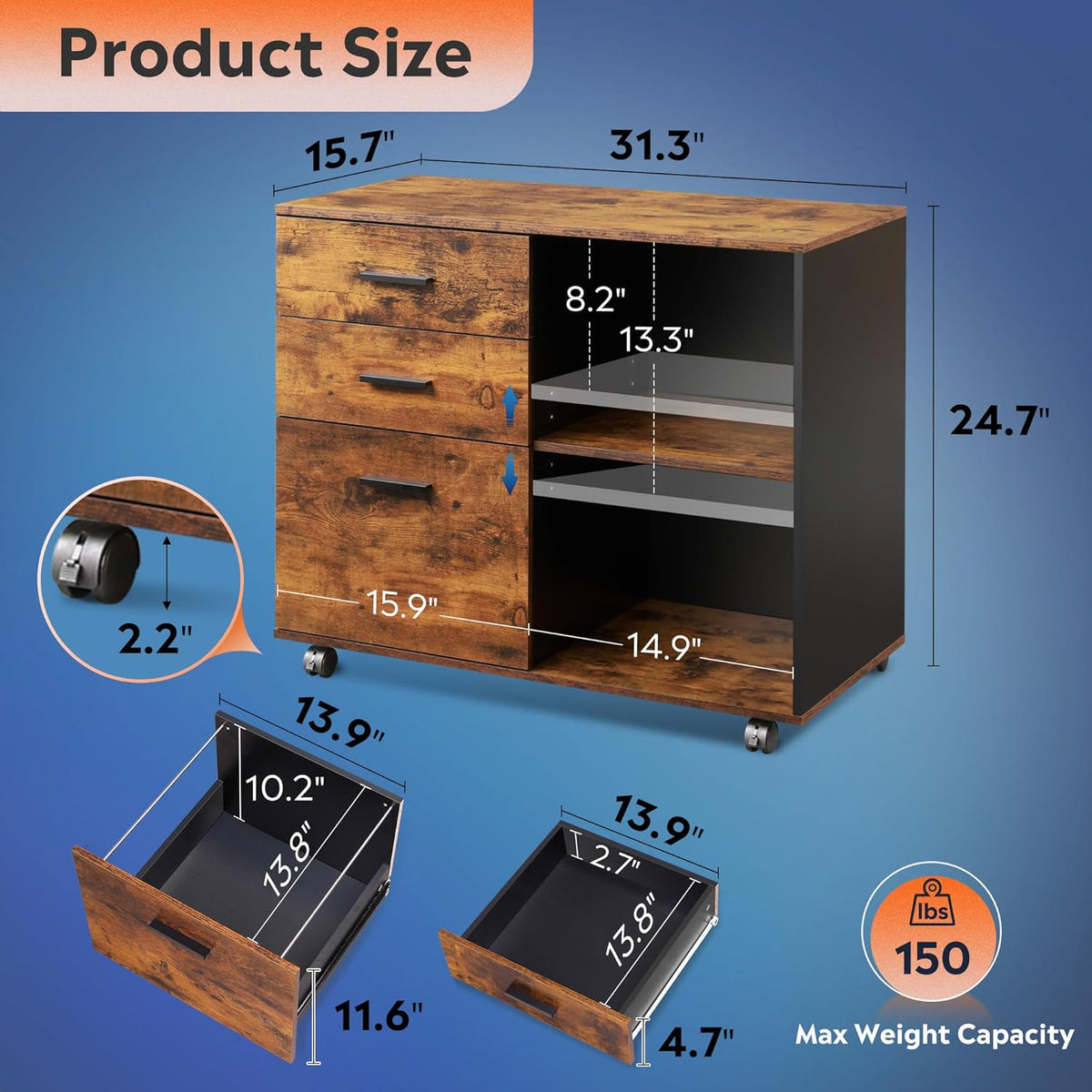 Graphic diagram of the cabinet with dimensions overlay showing 31.3\" W x 15.7\" D x 24.7\" H and drawer layout