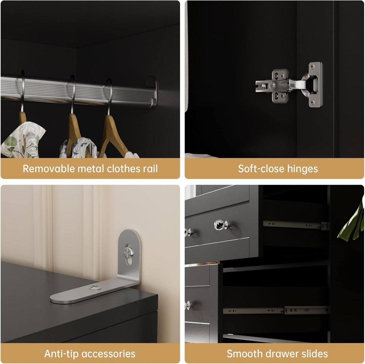 Four-panel collage showing clothes rail, hinge, anti-tip bracket and drawer slides inside the cabinet.