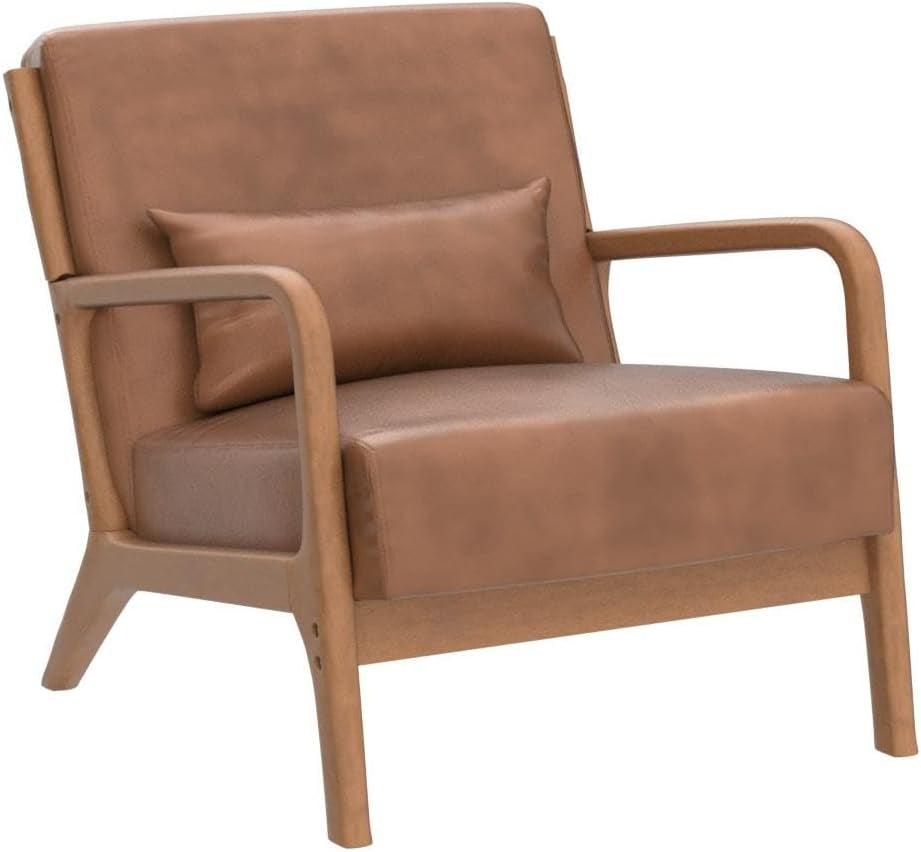 Studio angled view of camel accent chair showing wood frame and arm detail
