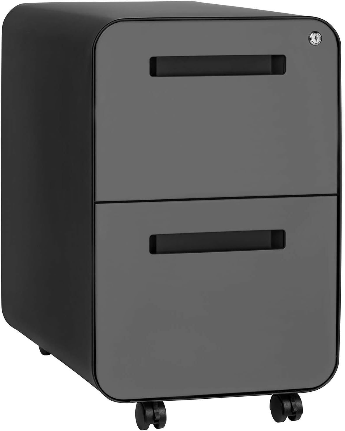 Two-drawer mobile file cabinet in all-black finish with recessed horizontal drawer pulls and caster wheels.