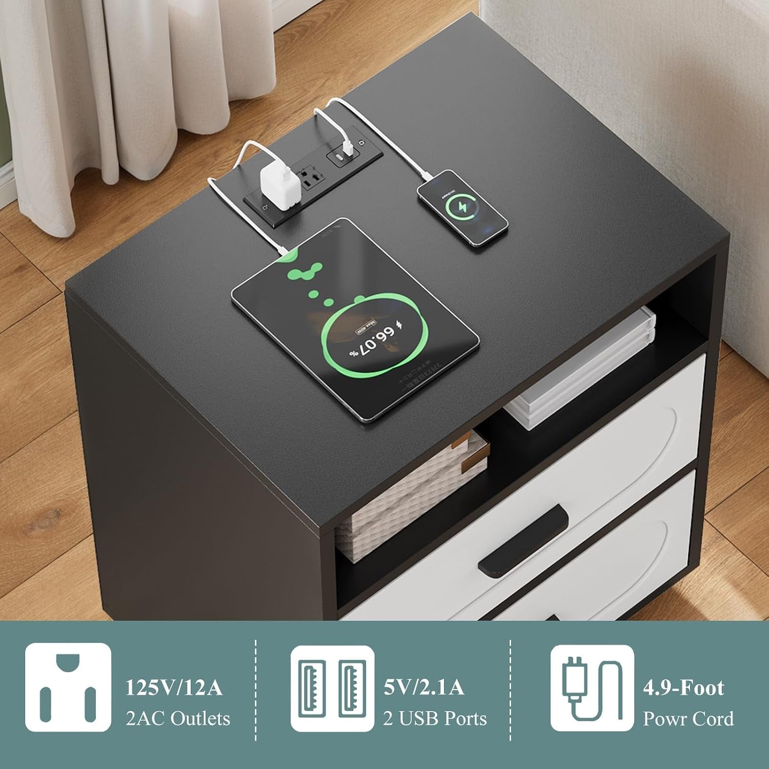 Top-down angle showing charging station on top with two USB cables and a tablet charging