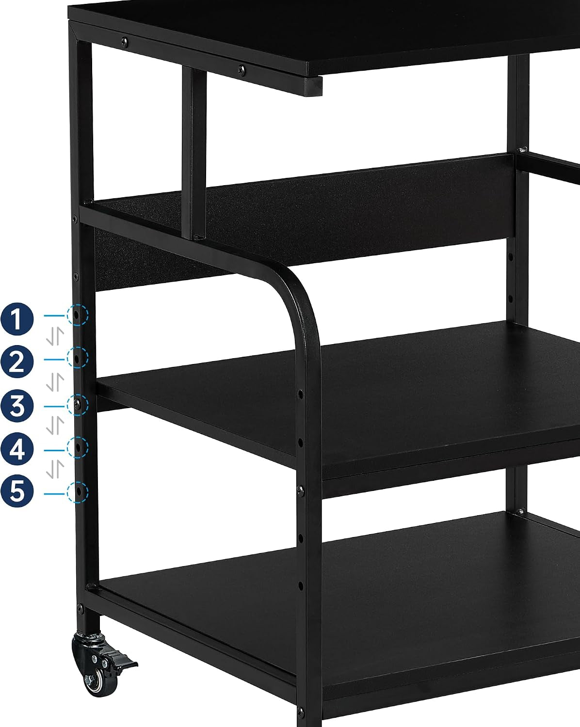 Close-up of black stand side showing five adjustable shelf positions and arched side support rail