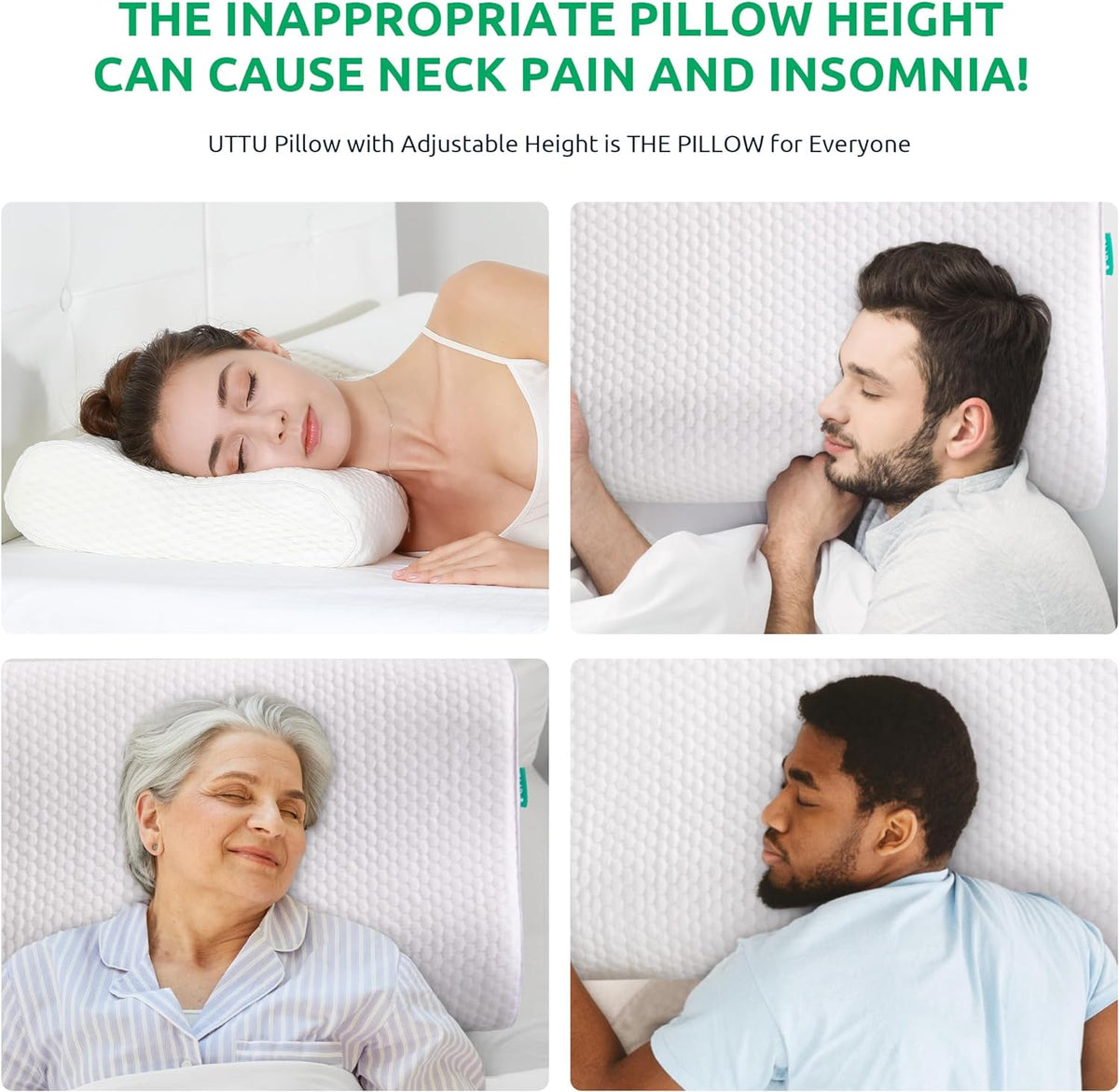 Collage of four head-and-shoulder images showing people resting on or beside a white contour pillow