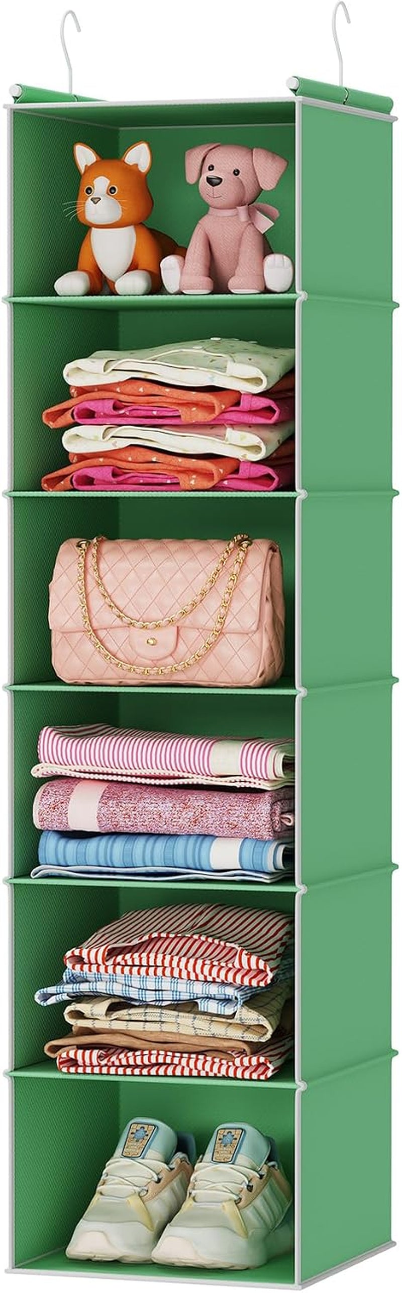 Tall six-shelf green hanging closet organizer filled with folded clothes, a purse, toys and shoes