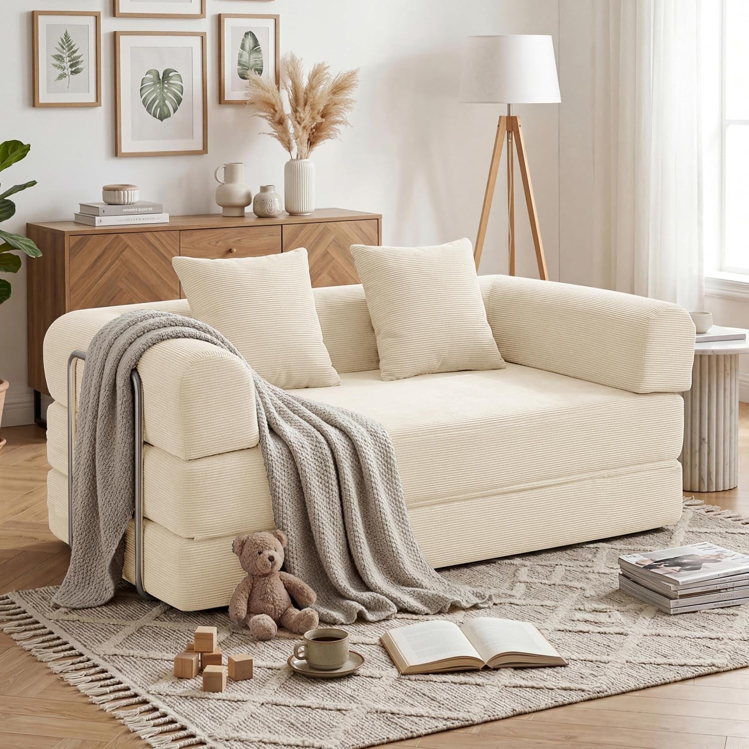 Cream corduroy convertible sofa shown at an angle with a gray knit throw draped over the arm.