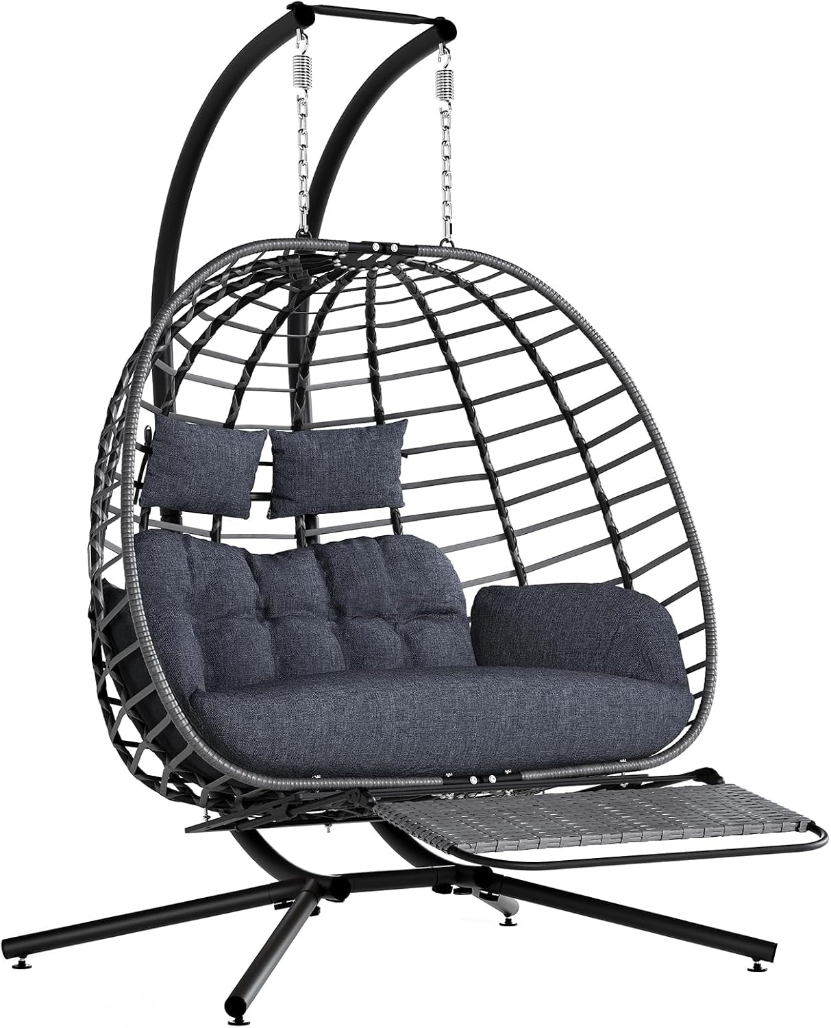 Front view of a dark gray wicker double egg hanging chair with charcoal cushions and black stand.