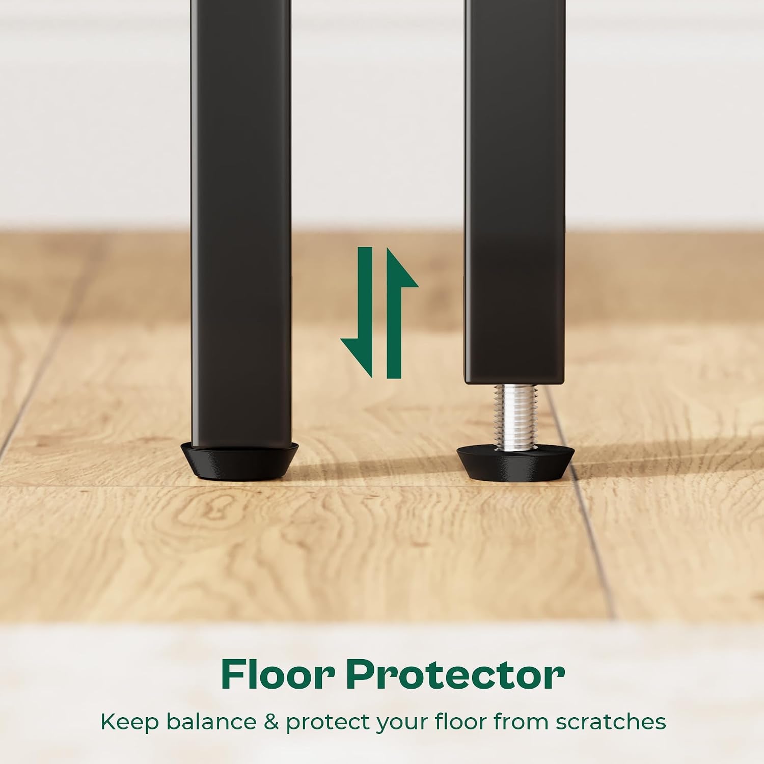 Close-up of two metal legs showing one fixed plastic floor protector and one adjustable screw foot with an arrow graphic.