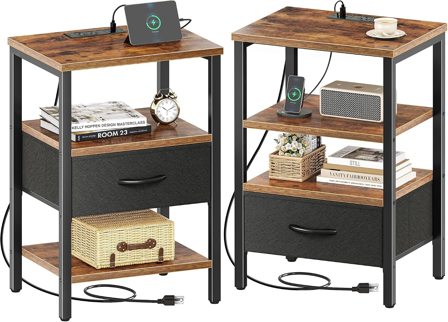 Two nightstands side by side showing wood-tone tops and black frames from different angles