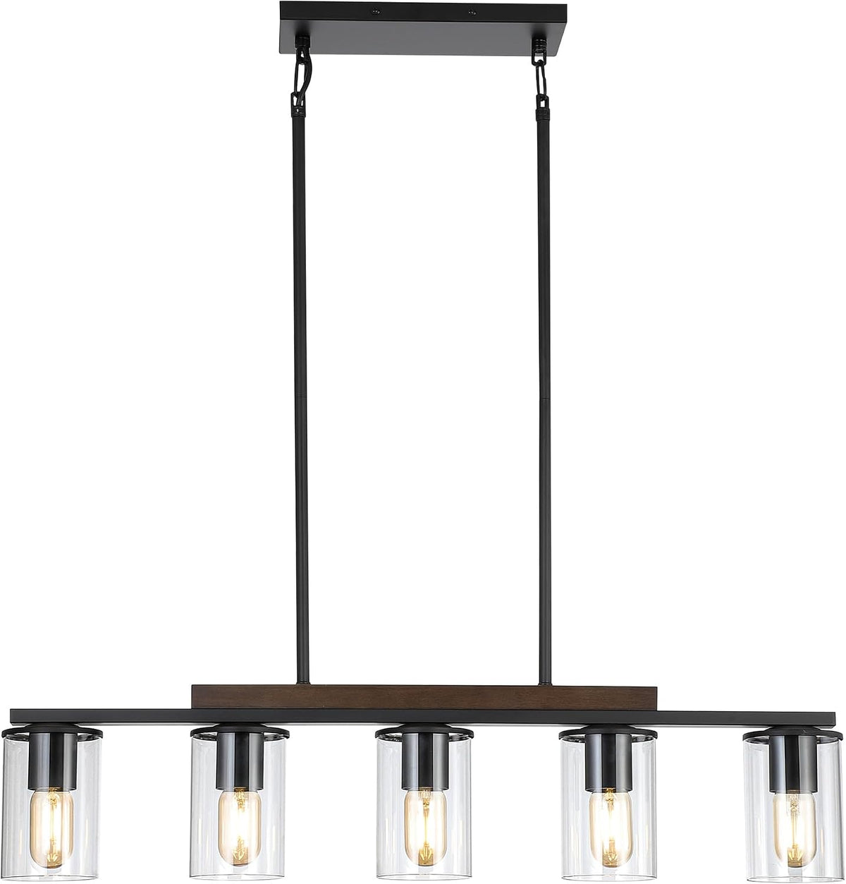 Straight-on front view of the linear chandelier showing five lit bulbs within clear glass cylinders.