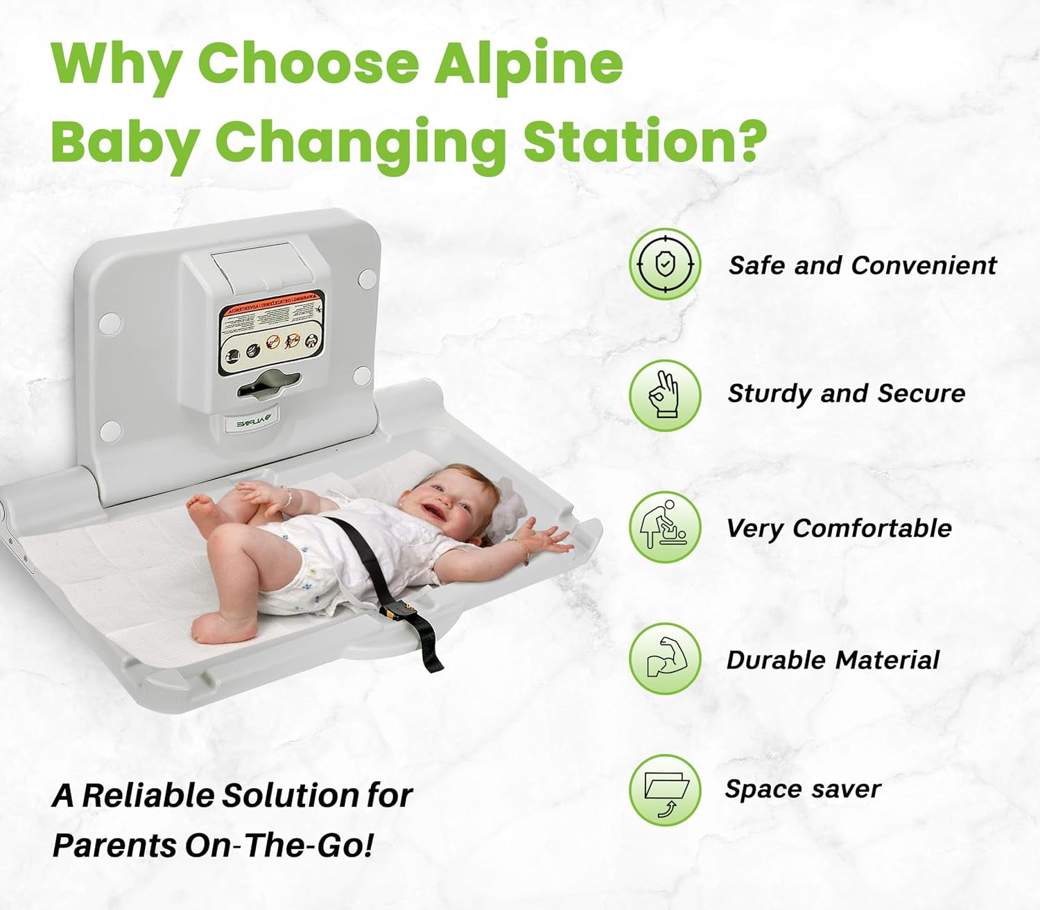 Open changing table with a baby on a pad and the safety strap fastened, icons and product benefits listed to the right.