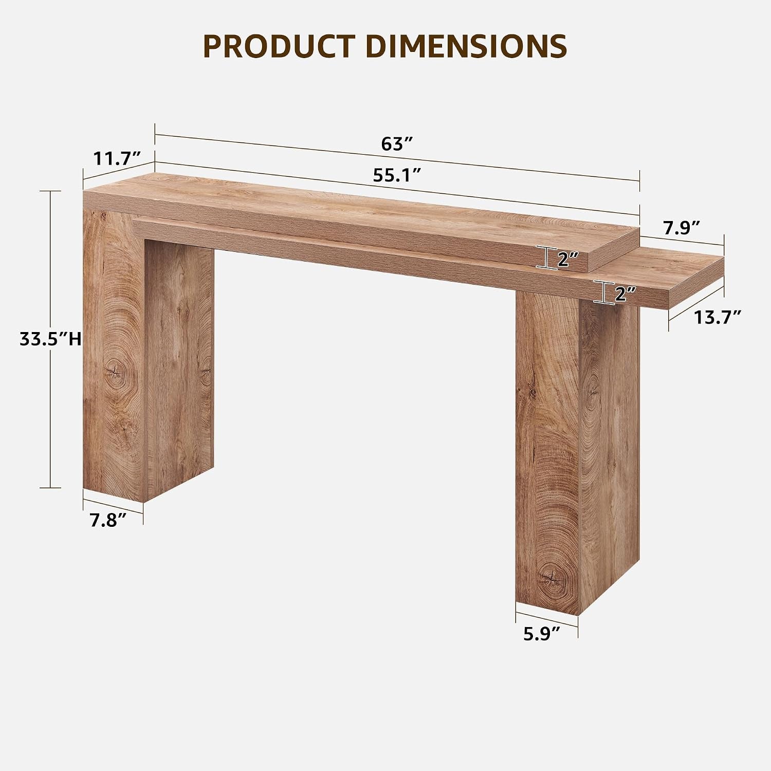 Dimension diagram of the console table showing 63-inch width, 33.5-inch height and leg measurements on wood finish