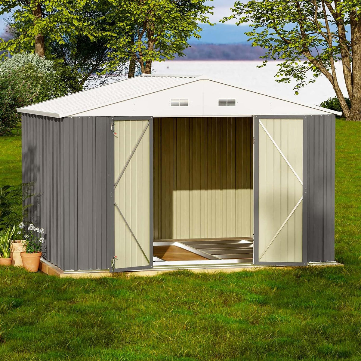 Front-facing shed with open doors and light-colored roof in a grassy yard, potted plants at left.