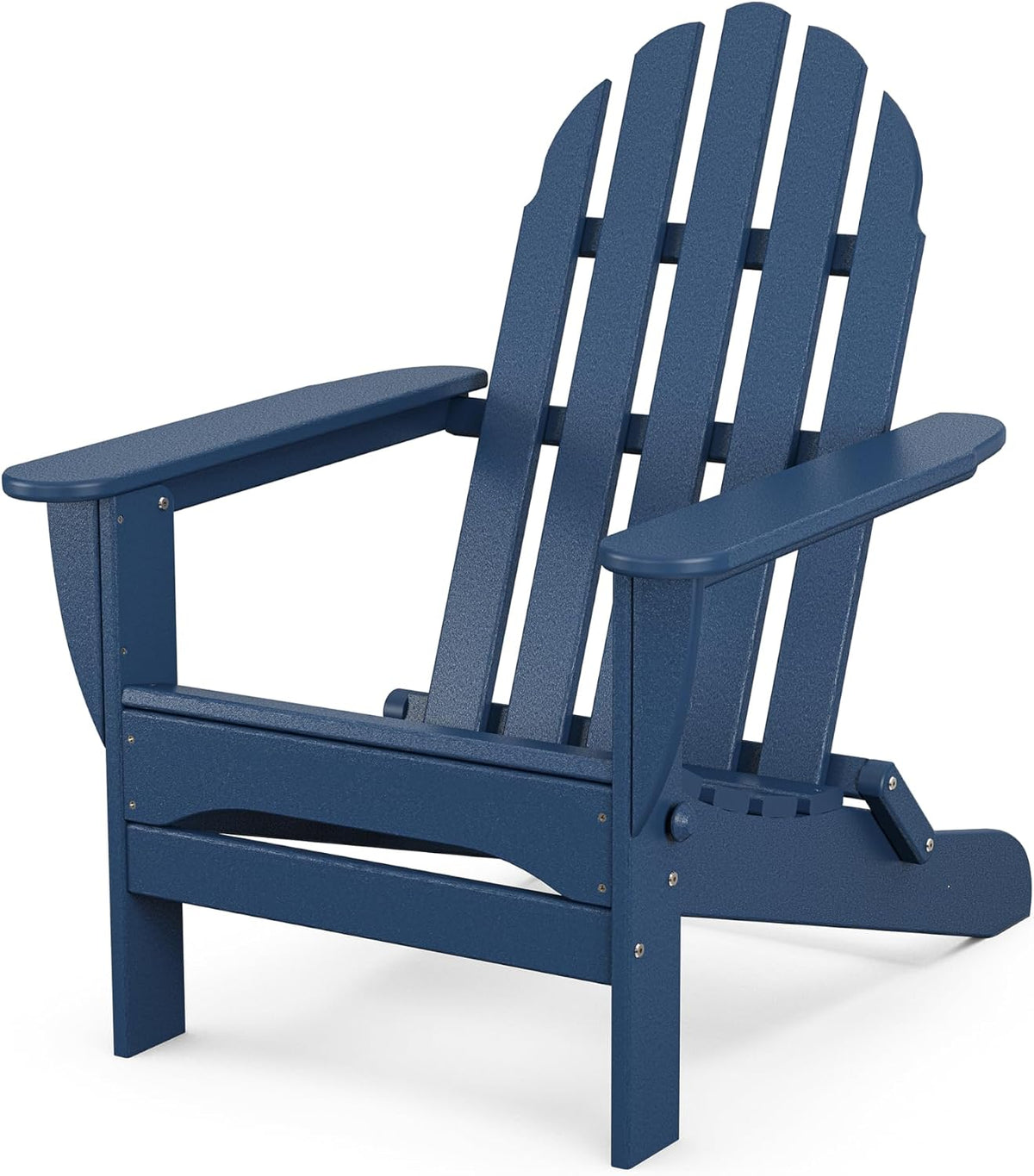 Close-up angled front view of navy folding Adirondack chair showing armrest and slatted back on white background