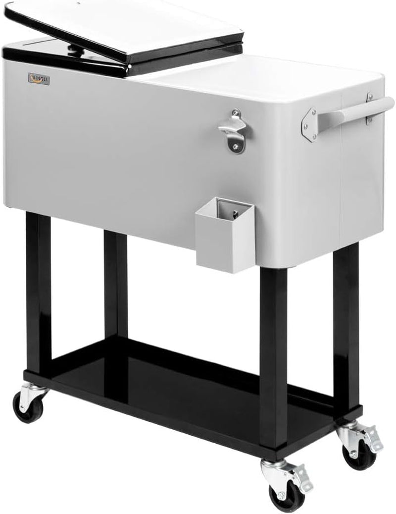 Light gray rolling ice chest on black metal stand with hinged lid propped open and bottle opener on side.