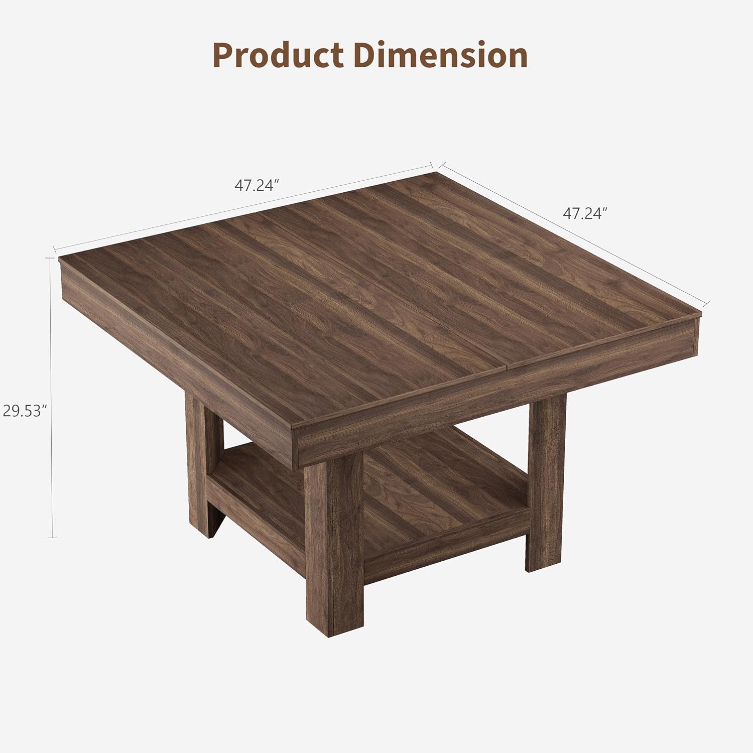 Rendered dark walnut table with dimension callouts showing 47.24 inch width and 29.53 inch height