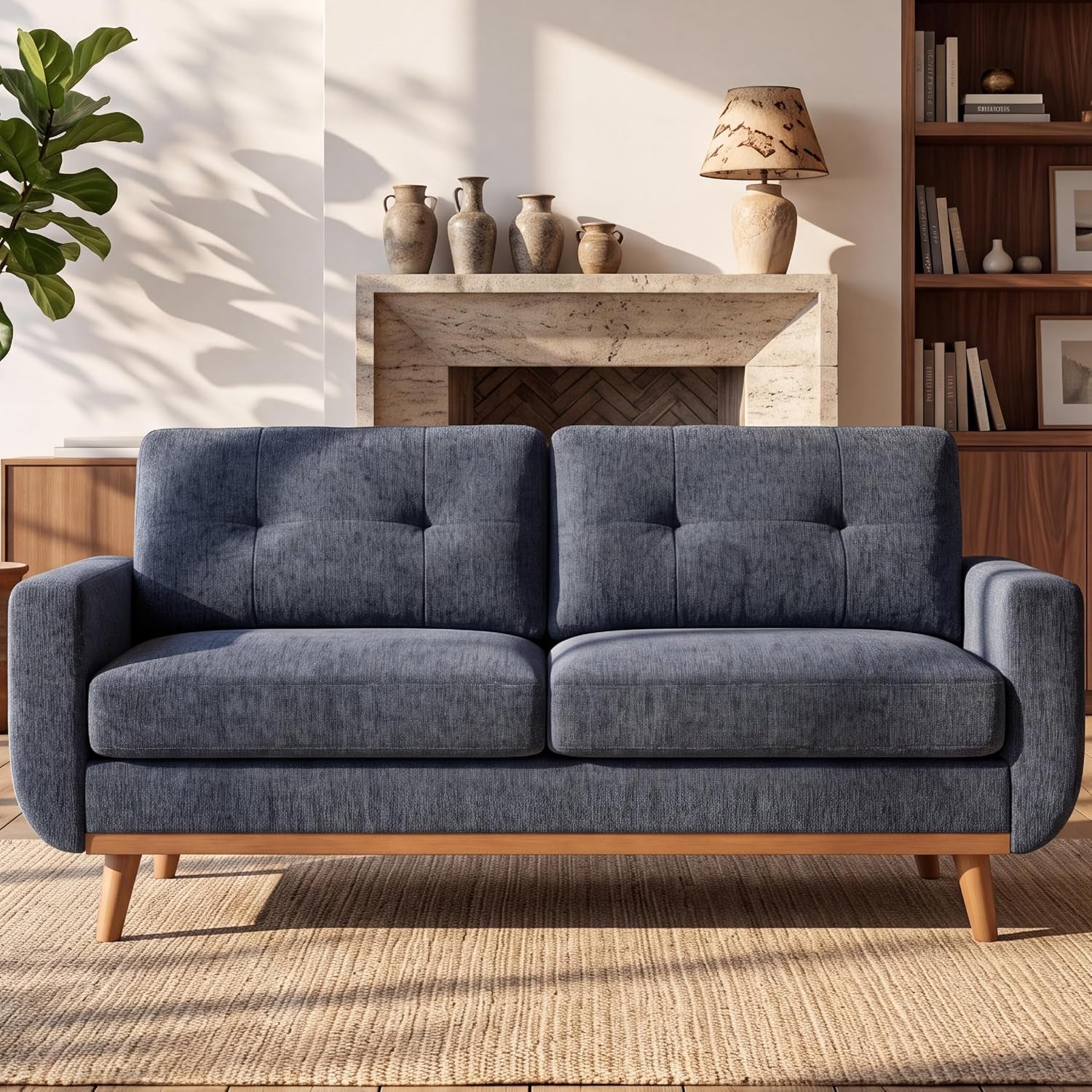Front-facing view of a navy tufted loveseat with wooden base and tapered legs.