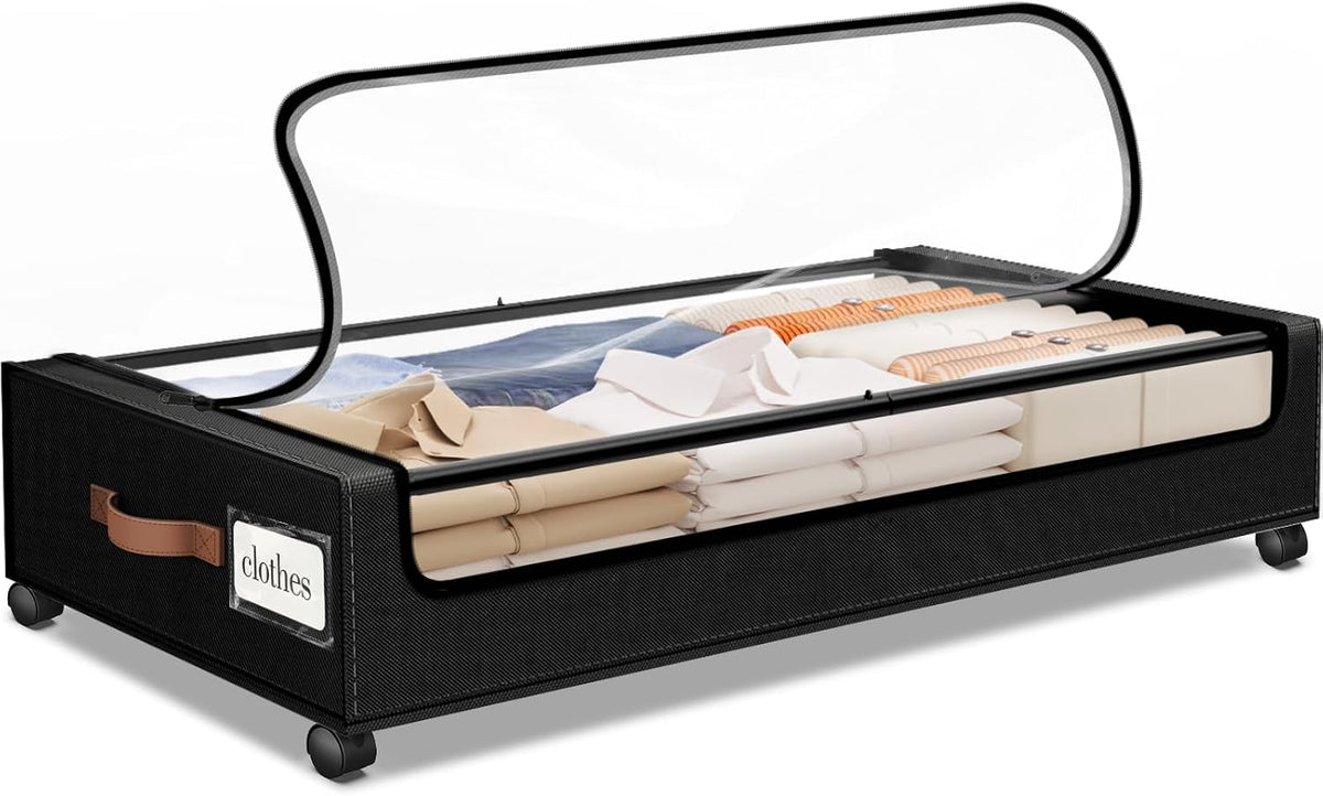 Black underbed storage box shown angled with the clear zip lid open and folded garments visible inside.