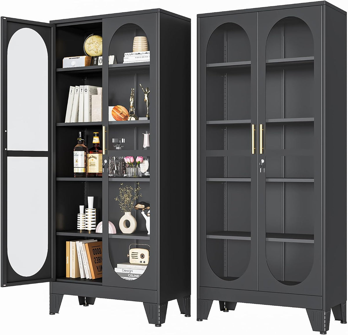 Black steel display cabinet pair, one cabinet open angled front view showing tempered glass doors and interior shelves