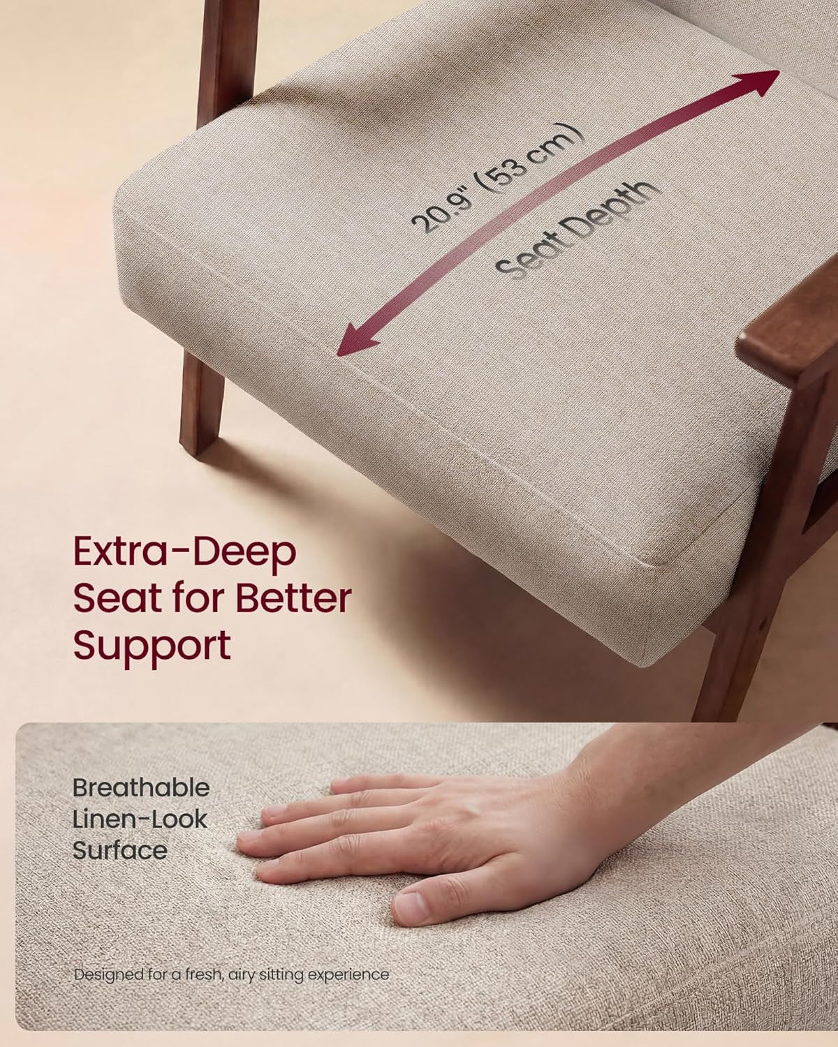 Close-up of a beige upholstered seat cushion and a hand pressing the linen-look fabric.