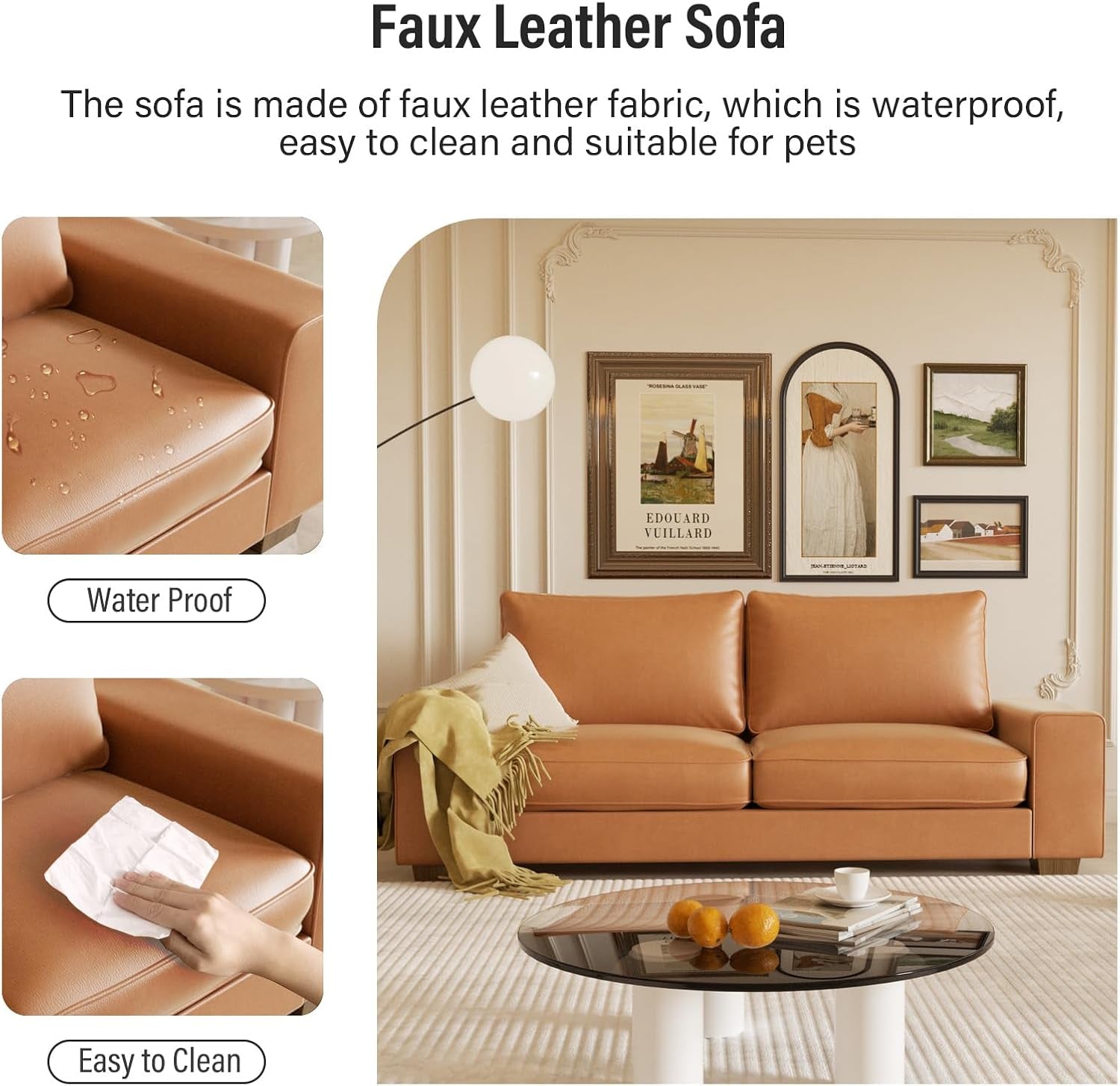 Collage with water droplet and wiping graphics beside the brown faux leather loveseat emphasizing easy-to-clean surface.