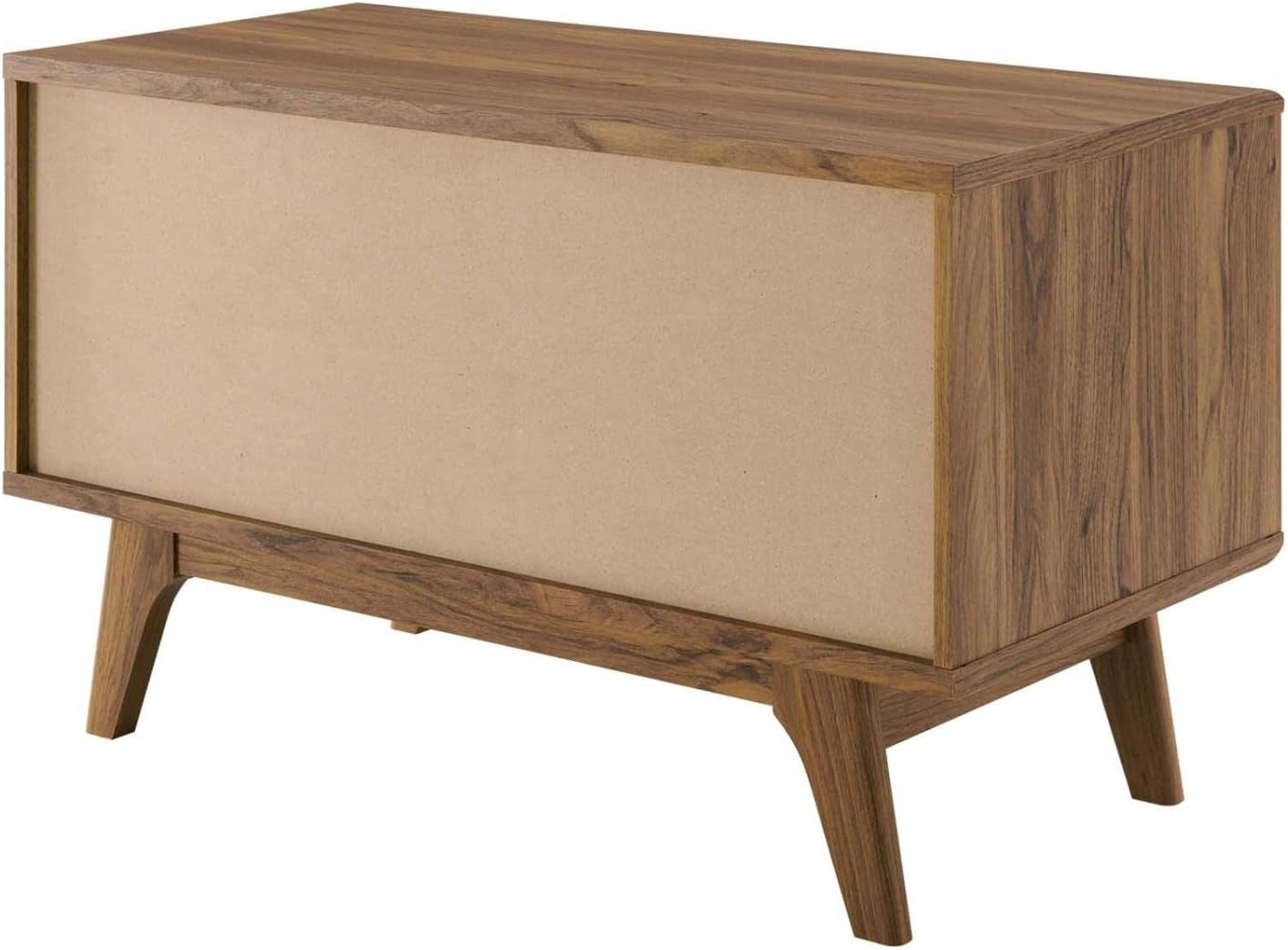 Rear view of walnut-finish record stand showing plain back panel and four tapered wood legs.