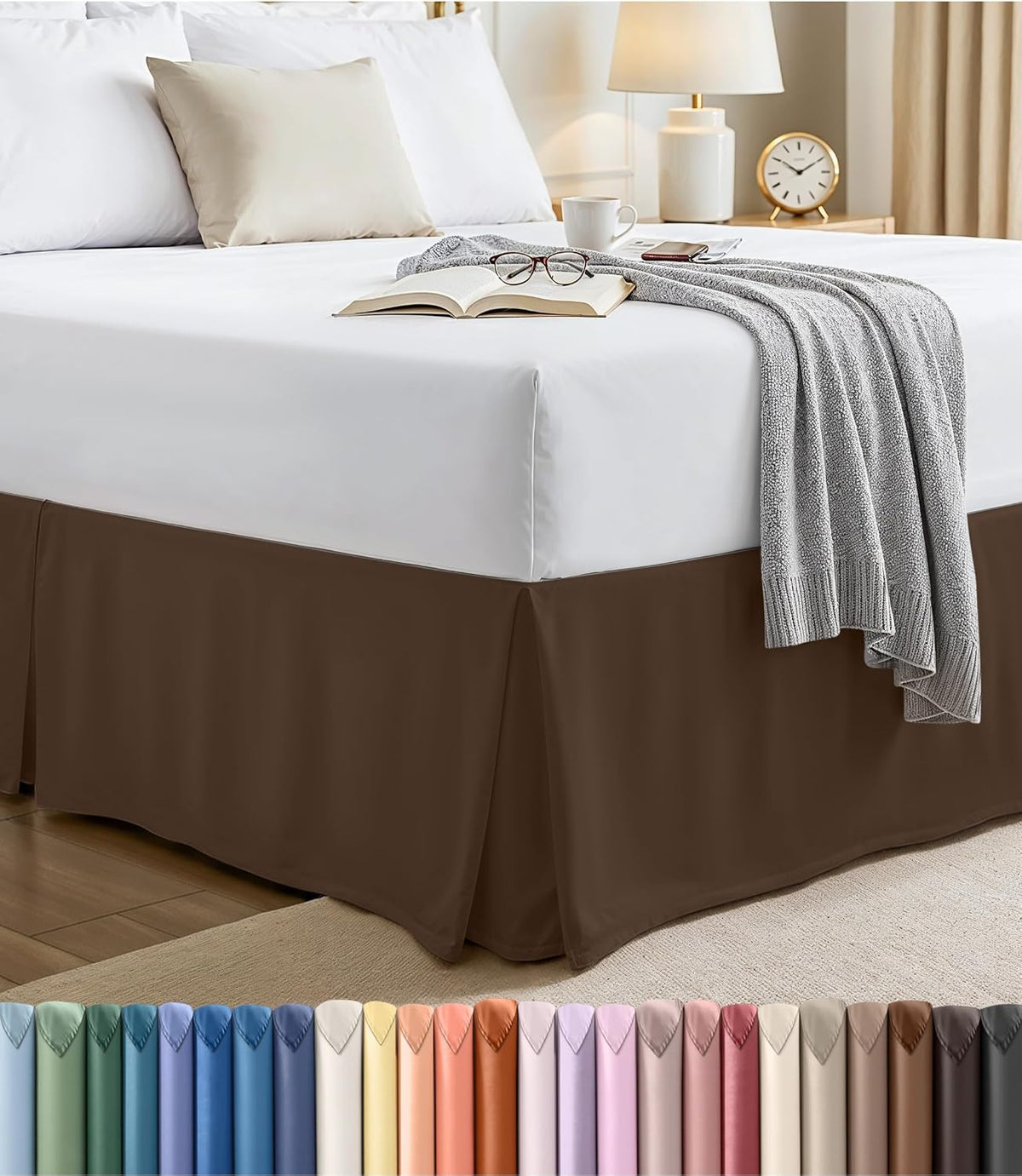 Made bed corner with white mattress, brown pleated bed skirt and gray throw; color swatches along bottom.