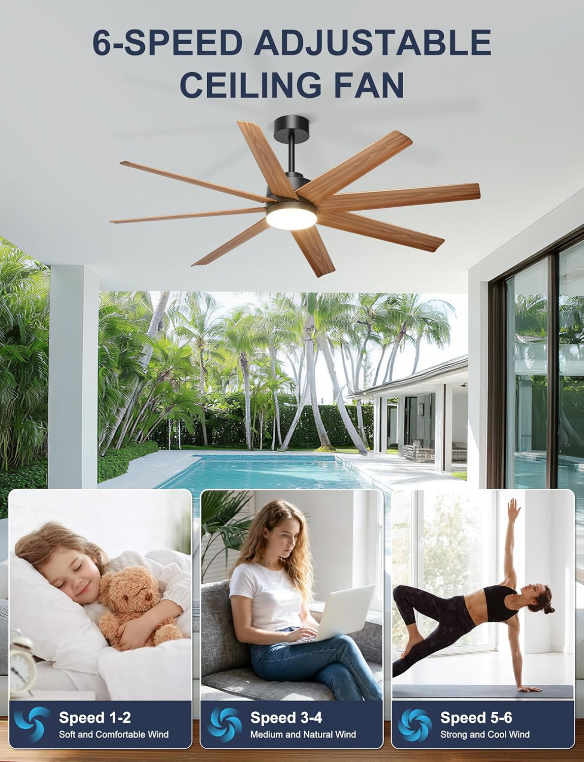 60-inch ceiling fan in wood finish shown over a covered patio with icons for sleep, work and exercise speed settings