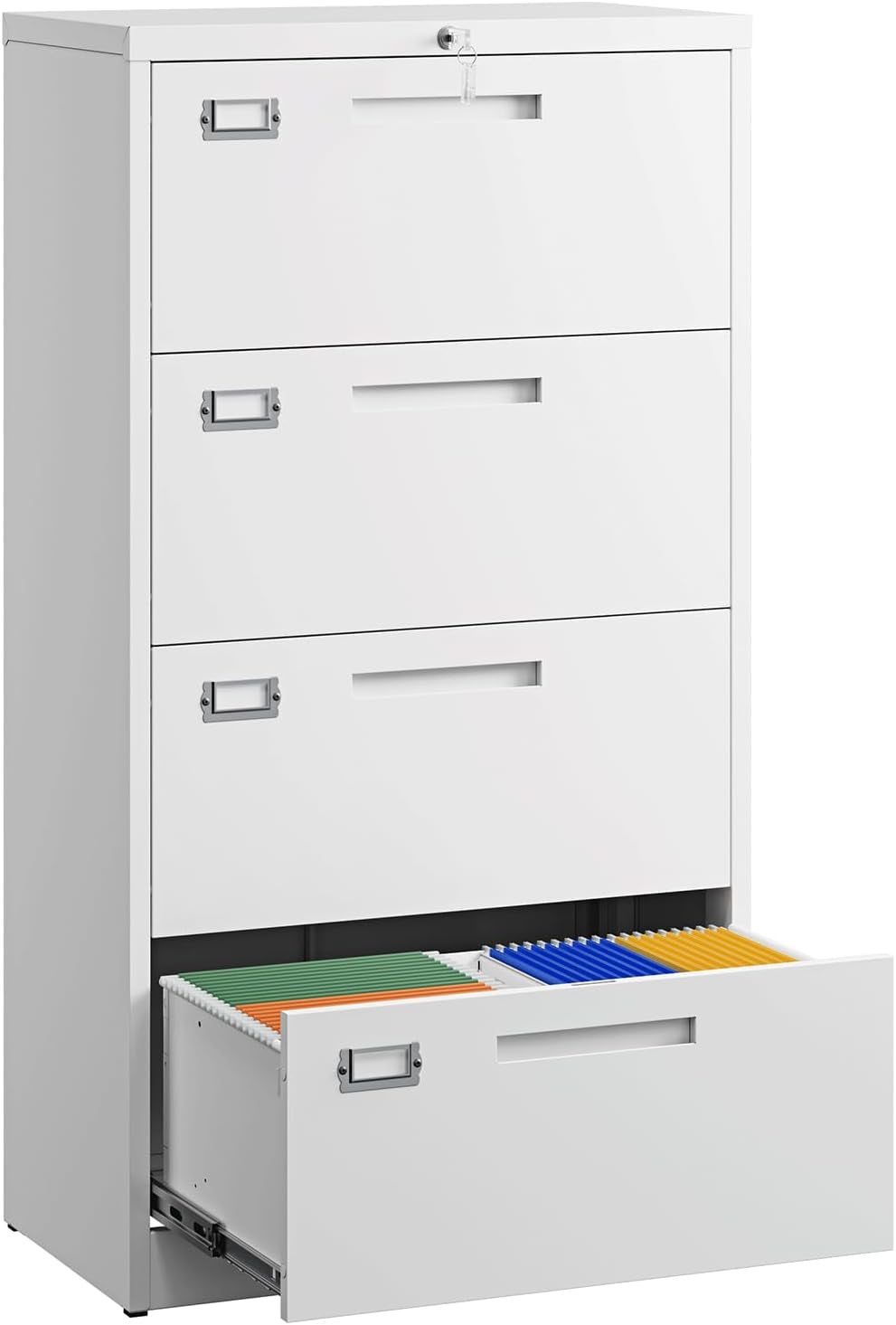 Plain white three-drawer metal filing cabinet with top two drawers closed and bottom drawer open showing hanging files.
