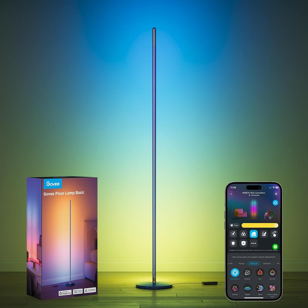 Floor lamp illuminated in blue-green tones on a wood floor, product box at left and a phone displaying the lamp app at right.