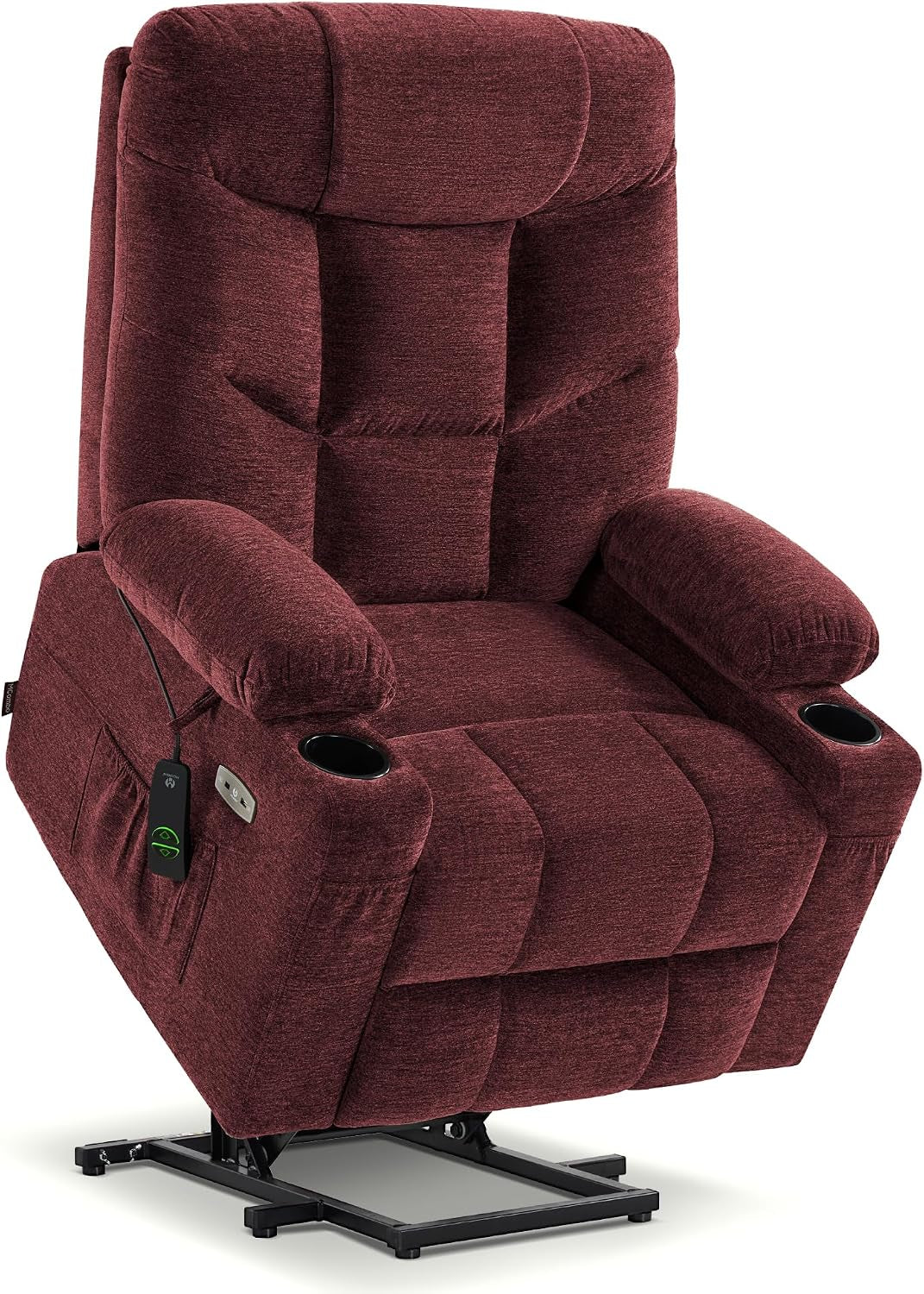 Deep burgundy fabric power lift recliner shown angled with visible cup holders, remote and metal lift frame.