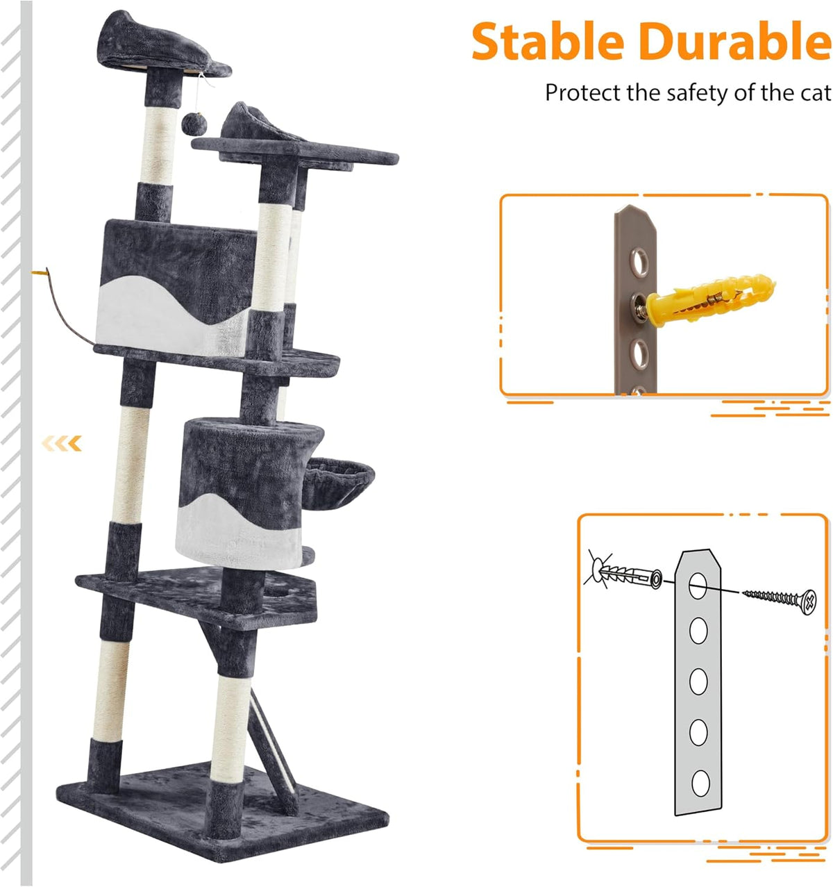 Tall grey multi-level cat tree shown upright beside wall with inset illustrations of a wall anchor and mounting bracket.