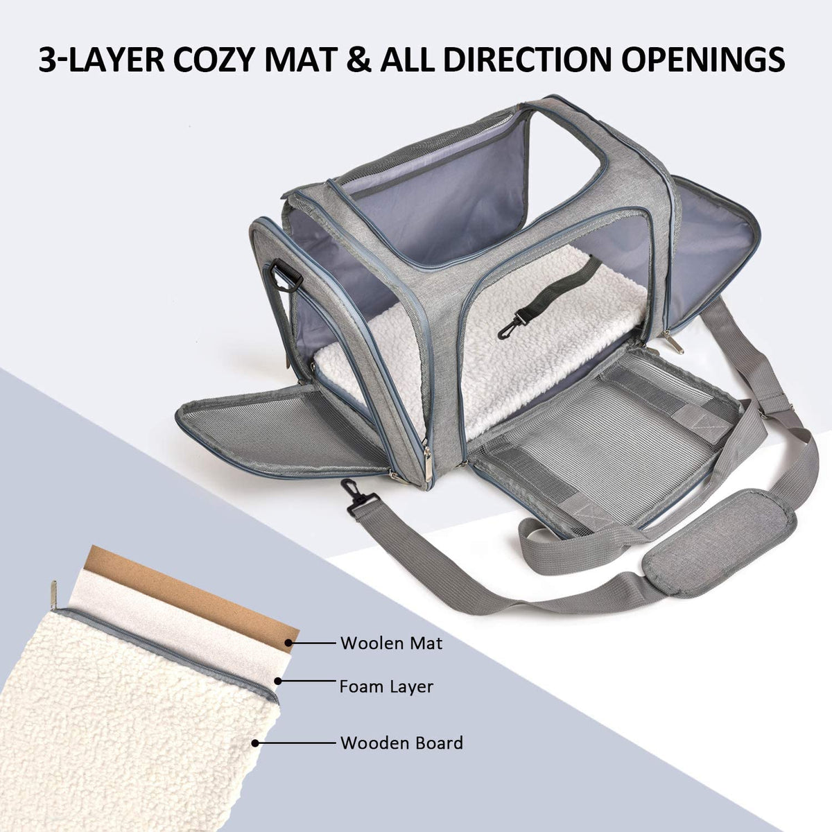 Opened carrier laid flat showing top and side openings, a fluffy white removable mat and detached shoulder strap.