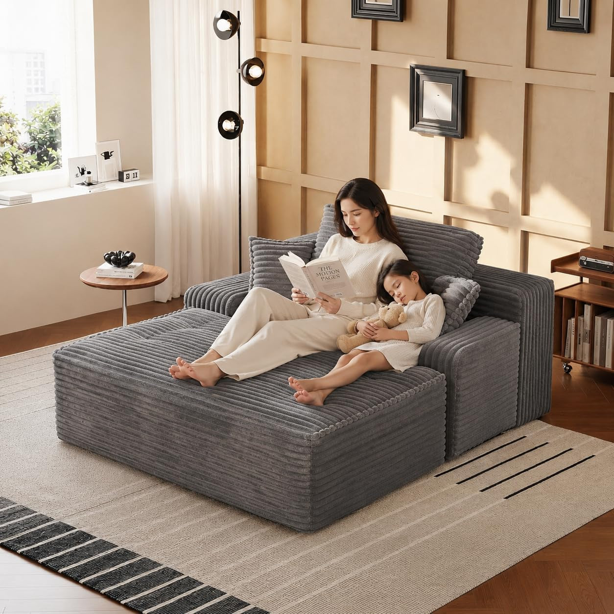 Charcoal-gray deep-seat chaise lounge in a living room with woman reading and child napping