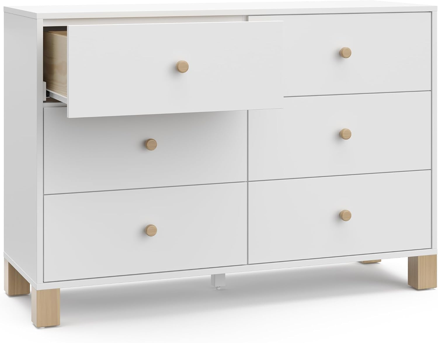 Angled front view of the dresser with the top-left drawer partially open over the row of closed drawers.