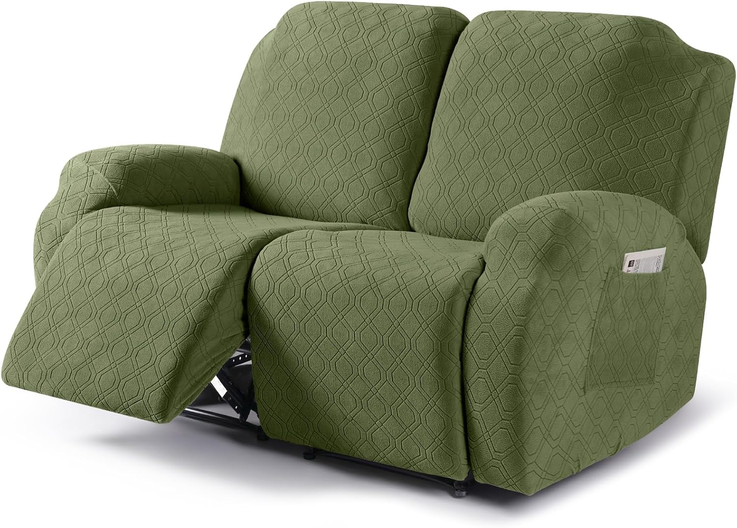 Three-seat recliner with olive-green textured cover, left seat reclined and arm pocket holding a leaflet