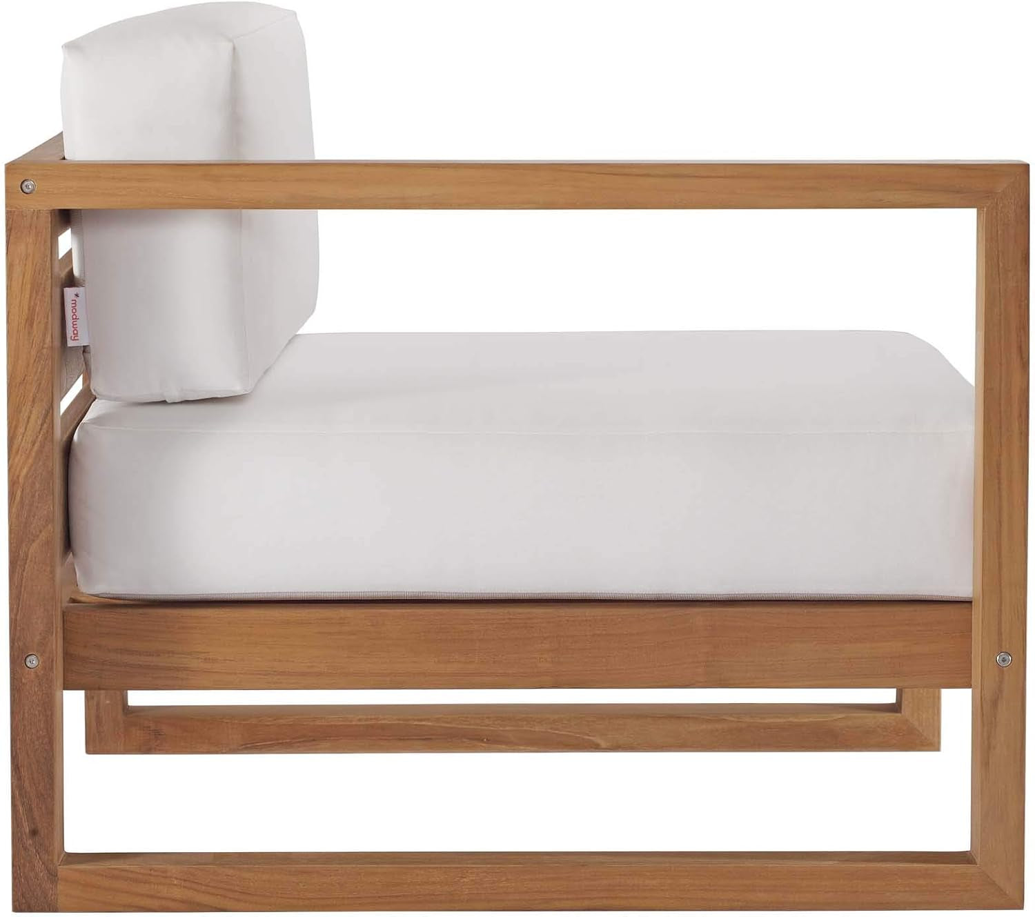 Left-side elevation of the teak frame with white seat cushion and raised back pillow