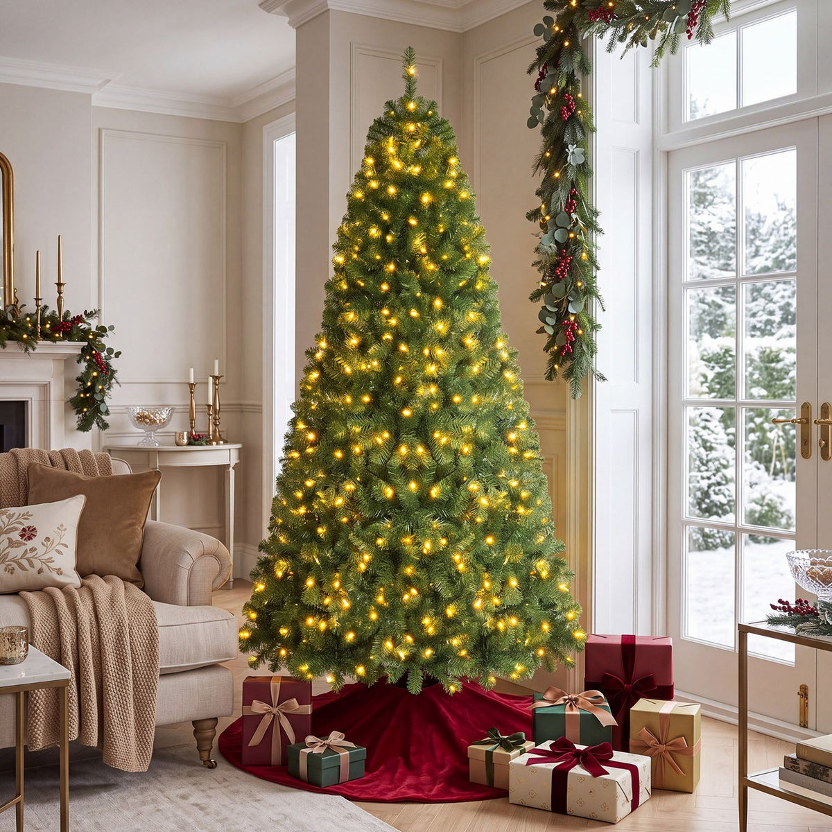 A glowing green Christmas tree stands beside a bright window, with wrapped gifts beneath it.