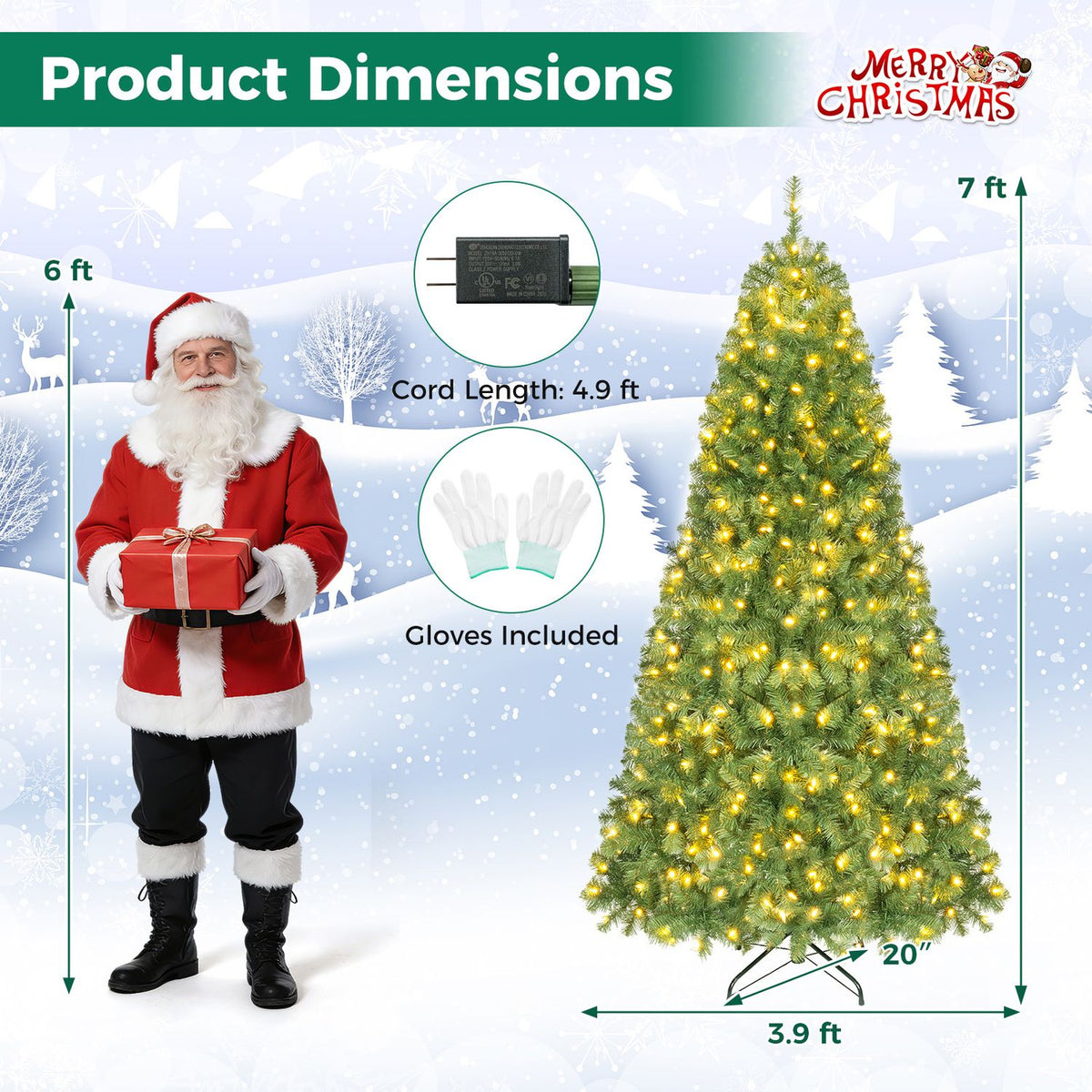 A lit Christmas tree is shown beside a Santa figure, with dimension arrows and accessory illustrations.