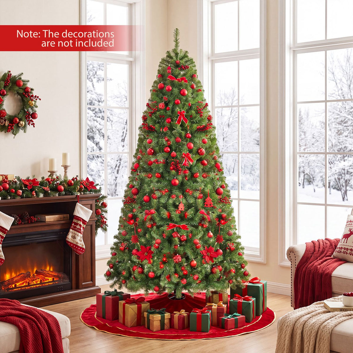 A Christmas tree decorated with red ornaments and bows stands among wrapped gifts in a bright room.