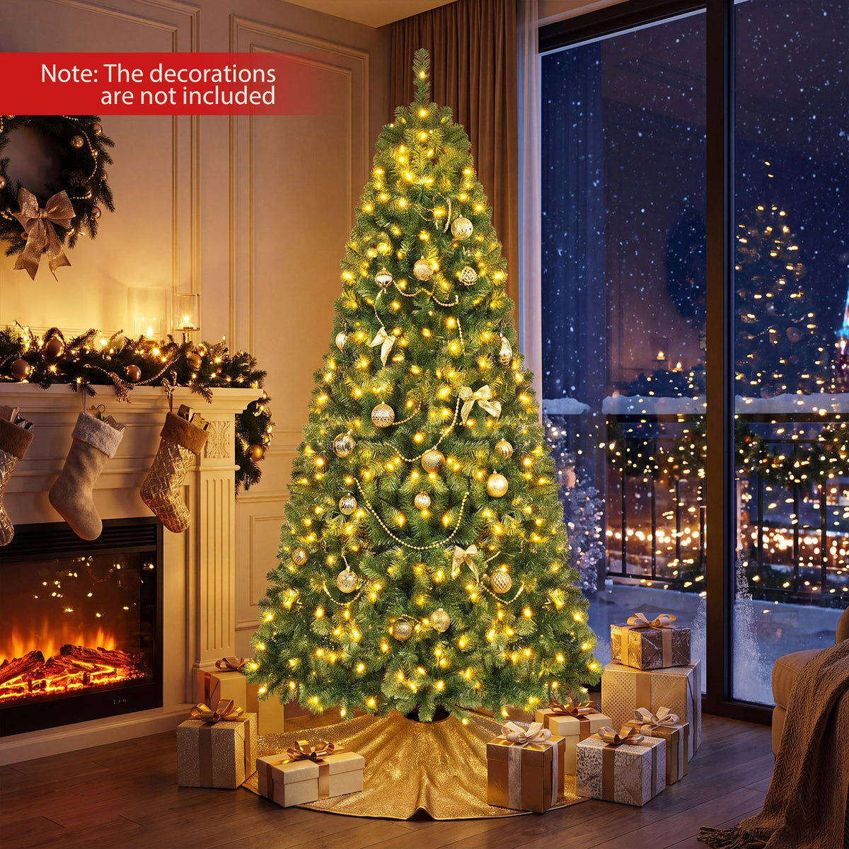 A warmly lit Christmas tree stands beside a fireplace and snowy windows, with gifts around its base.
