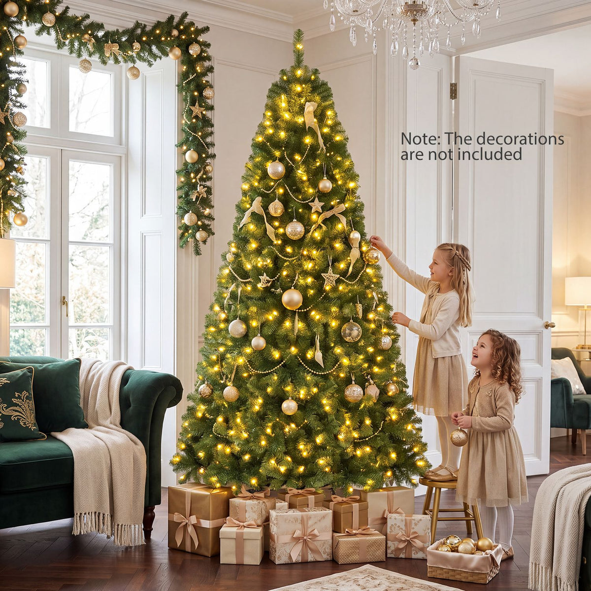 Two children decorate a glowing Christmas tree in a bright living room filled with wrapped presents.