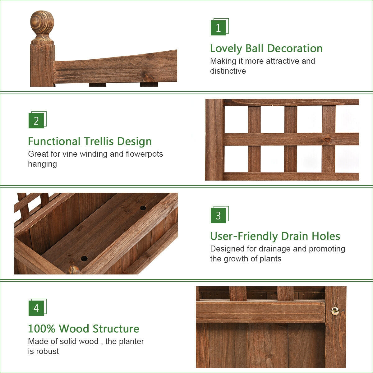 Wood Planter Box with Trellis Weather, Resistant Outdoor