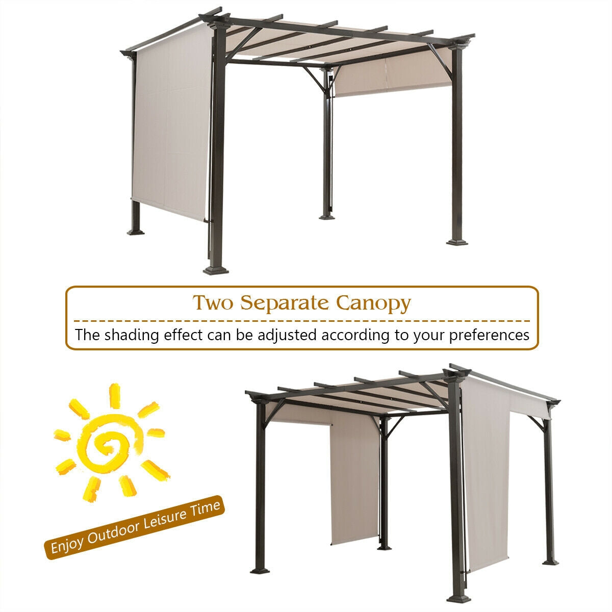 Two angled views of a dark metal patio shelter with beige side panels and an open slatted roof.