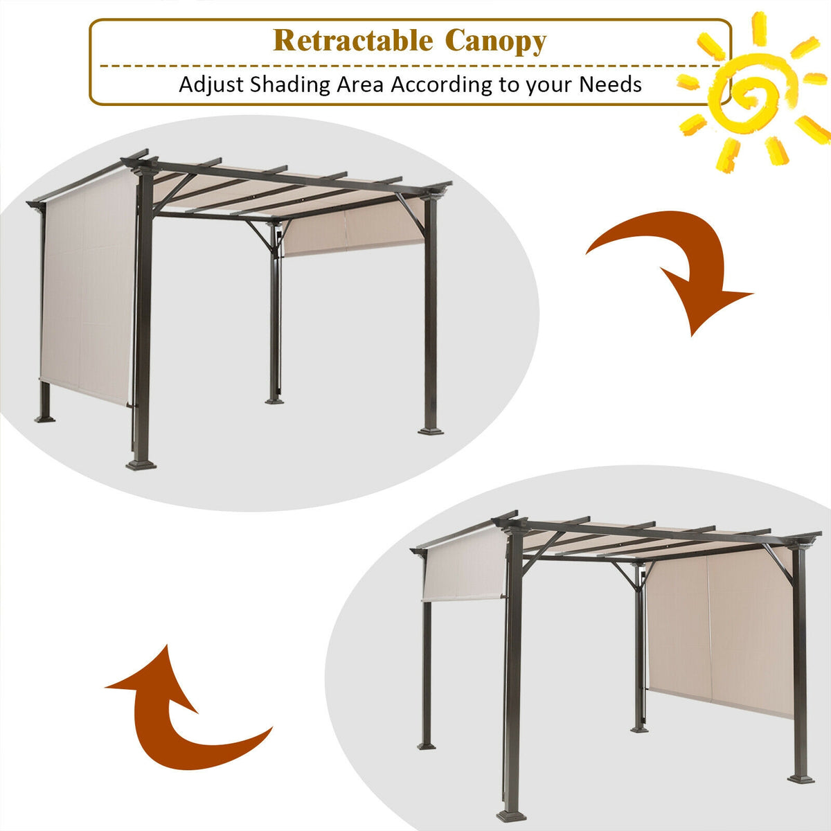 Two views show a gazebo with taupe canopy panels in different positions, with curved arrows between them.