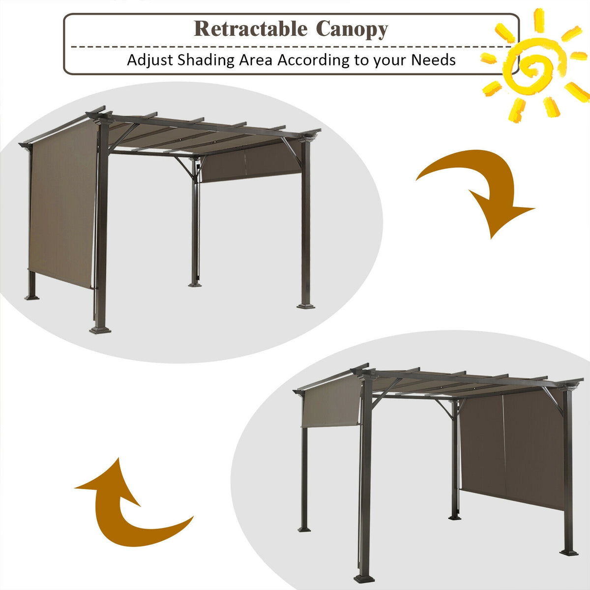 Two views of a gazebo show brown canopy panels in different positions, with curved arrows indicating movement.