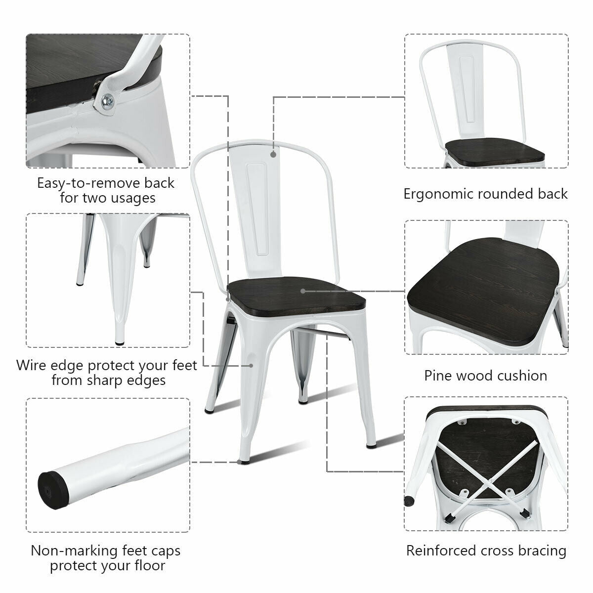 White metal chair with dark wood seat, surrounded by close-ups of its back, seat, legs, feet and bracing.