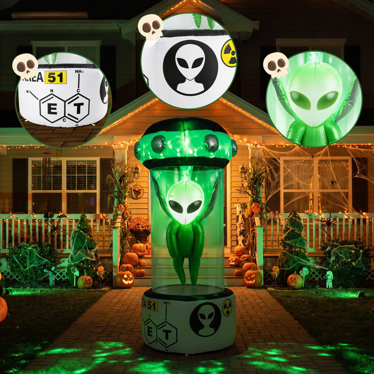 7.4 FT Halloween Inflatable Alien with Rotating Flashing Green Lights